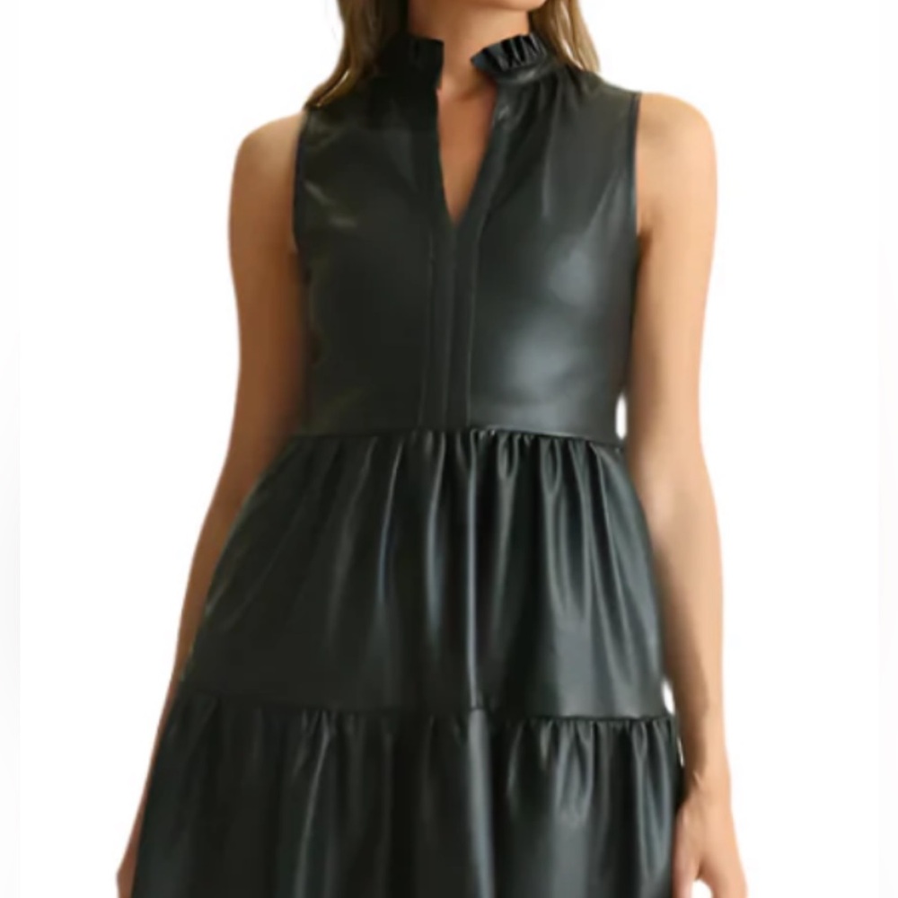 Fate Black Faux Leather Mini Dress with Ruffled Collar